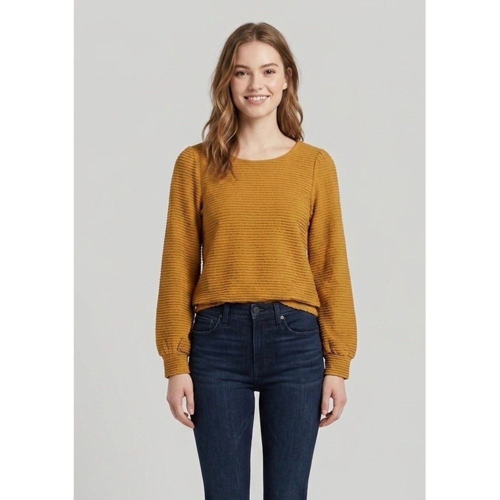 Madewell Womens XS Mustard Yellow Textured Linen Cotton Blouson Top Long Sleeve